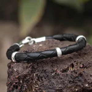 Collectible Men's Leather and Silver Wristband Bracelet - Bold Black | NOVICA