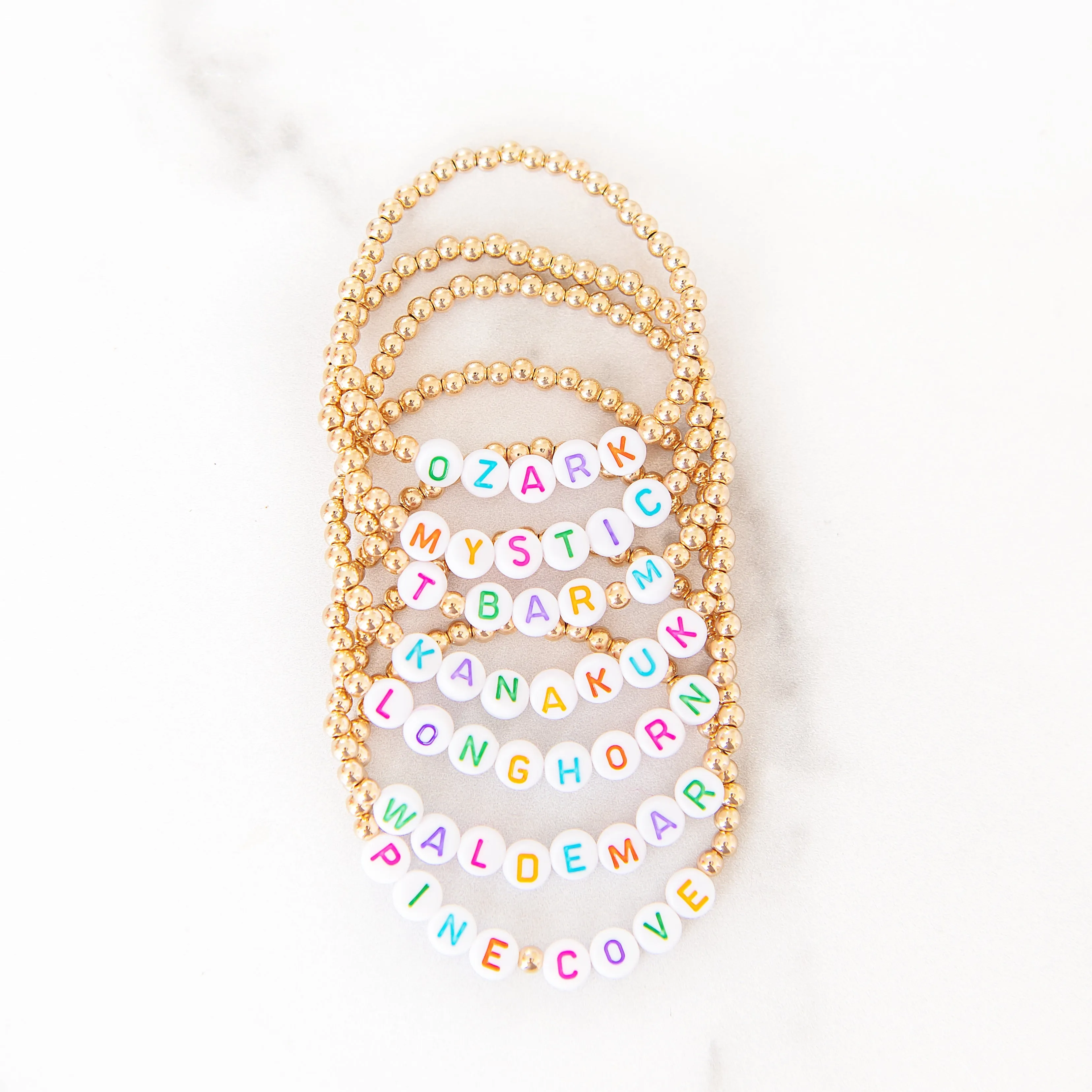 CUSTOM 4 MM GOLD BEADED RAINBOW LETTER BRACELET | CAMP COLLECTION