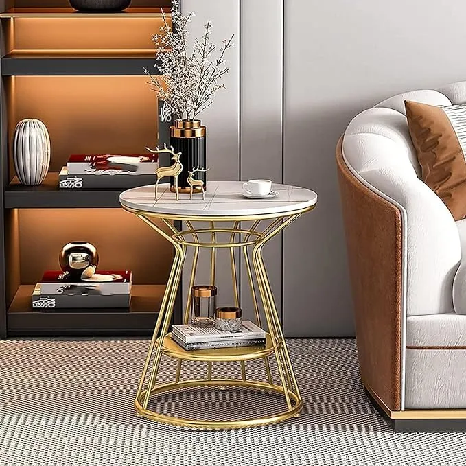 Decoration Crown Modern Round Coffee Table with Storage Shelf/Decorative Coffee Table/Bedside Round Table with Engineered Wood Top and Metal Frame (White and Golden)