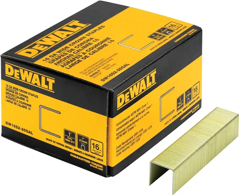 DeWALT DW16S2-25GAL Crown Staple, 1 in W Crown, 3/4 in L Leg, 16 ga Gauge, Galvanized :BX2M: QUANTITY: 1