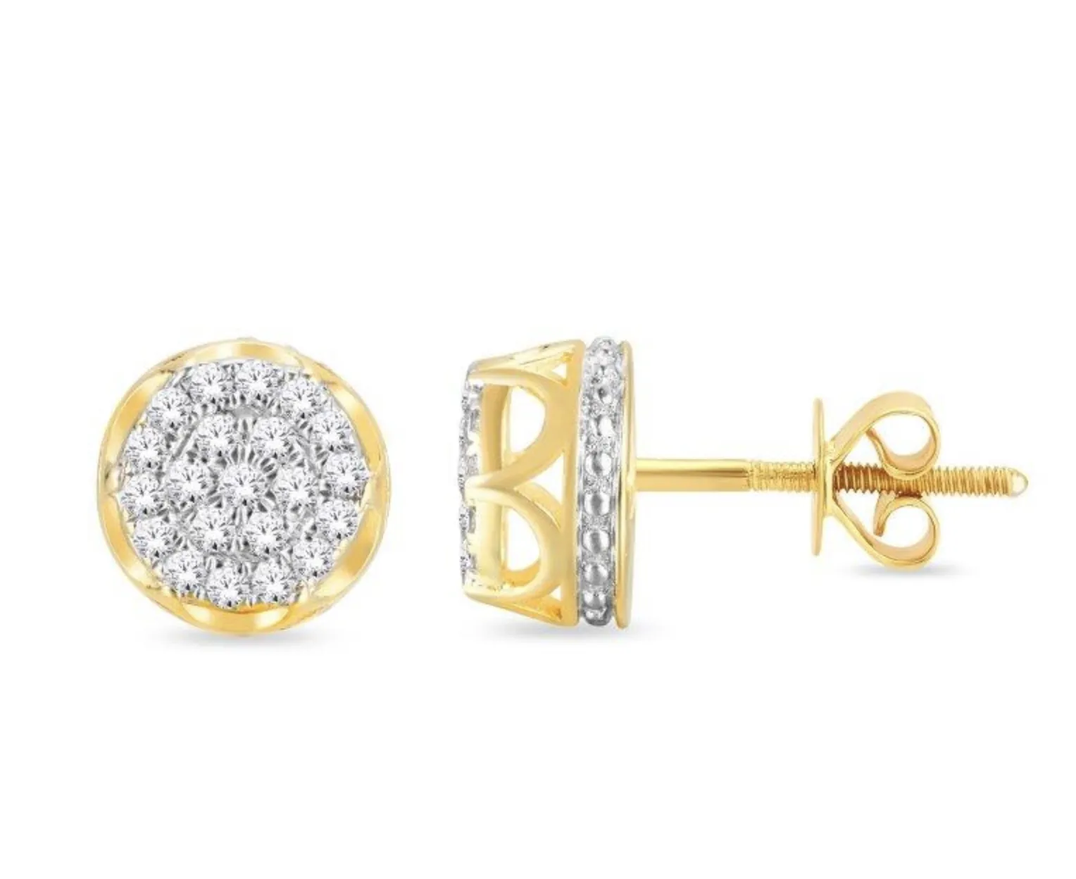 Diamond Stud Round Flower Earrings 10k Yellow Gold Screw back