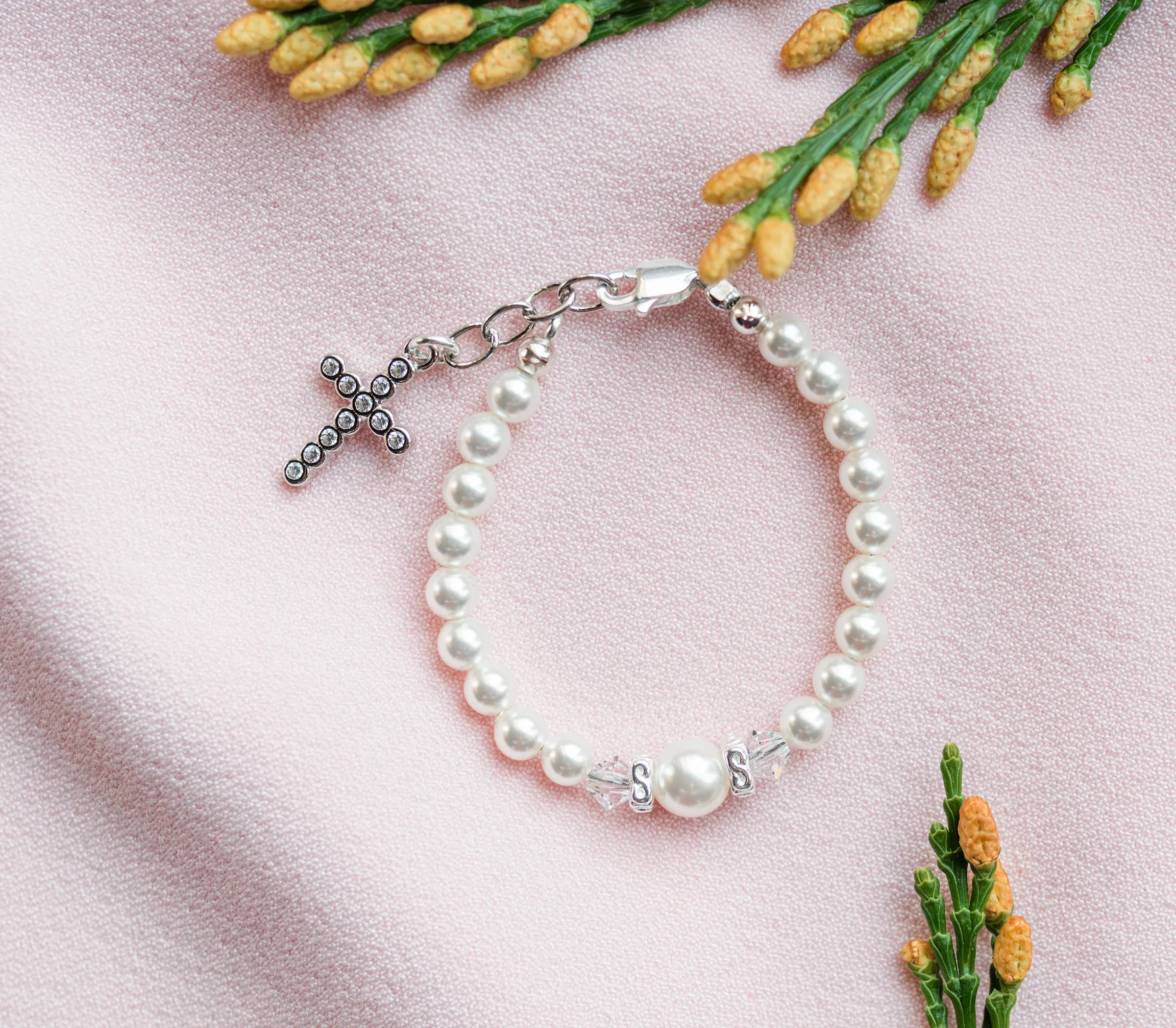 Eden Sterling Silver Pearl Cross Baptism Gift Communion Bracelet