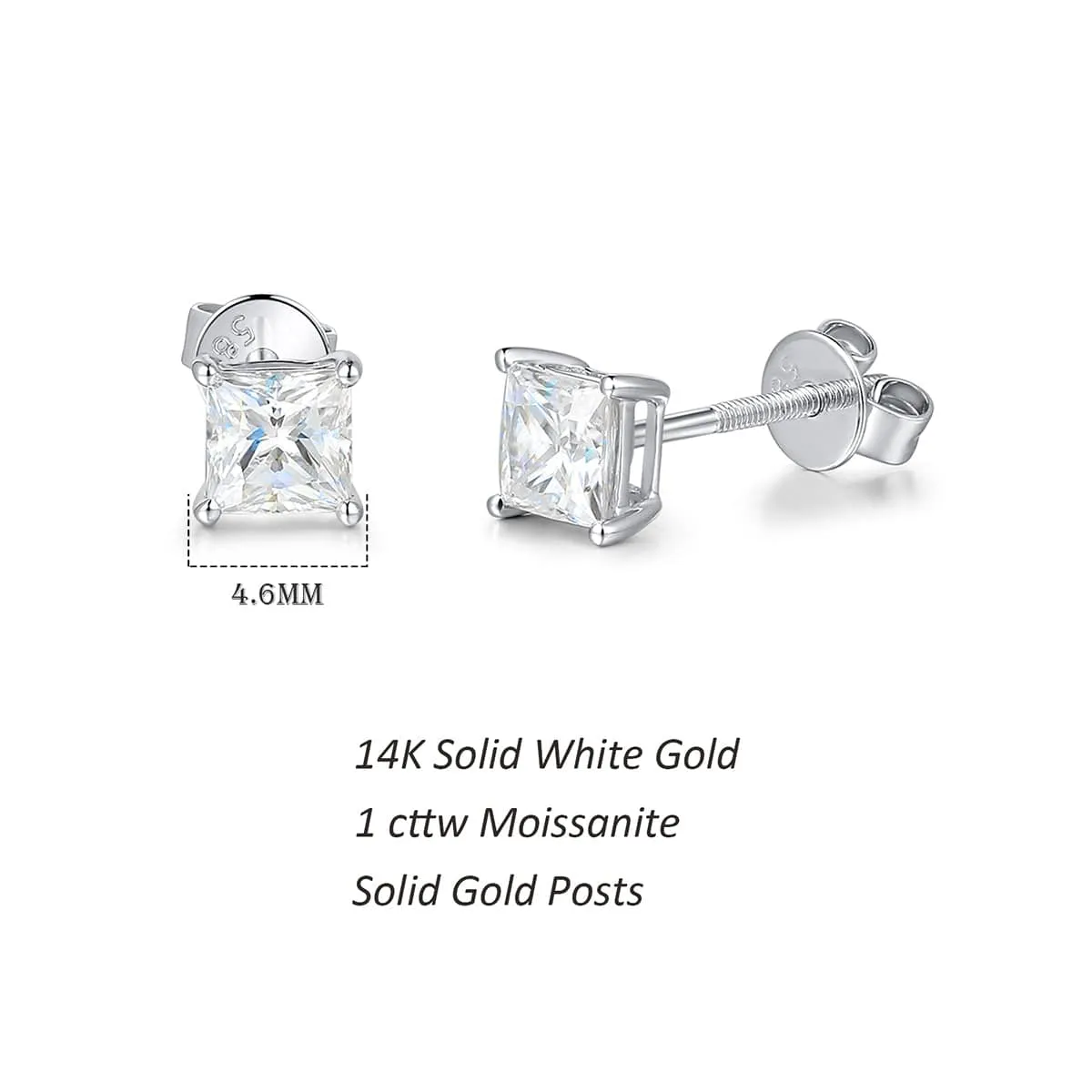 FANCIME Princess Cut Moissanite 14k White Gold Stud Earrings