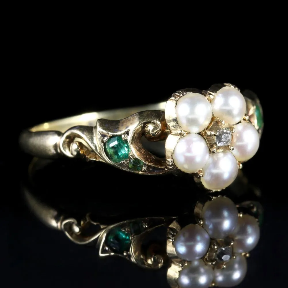 Georgian Emerald Diamond Pearl Ring 18Ct Circa 1800