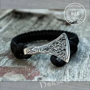 Handcrafted Black Paracord Bracelet with Axe Head - Sterling Silver