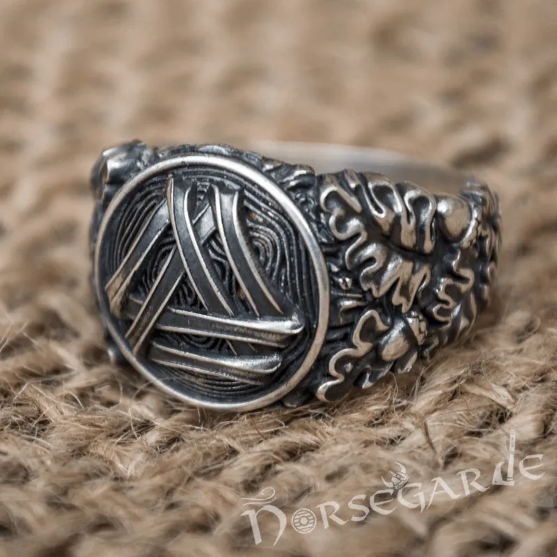 Handcrafted Valknut Oak Leaves Ring - Sterling Silver