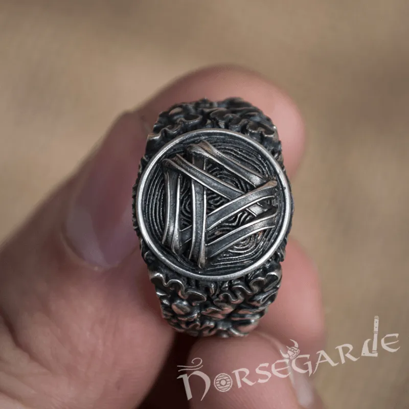 Handcrafted Valknut Oak Leaves Ring - Sterling Silver