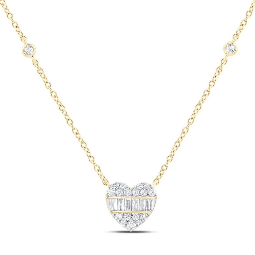 Heart Solitaire Baguette Diamond Pendant Necklace 10K Gold