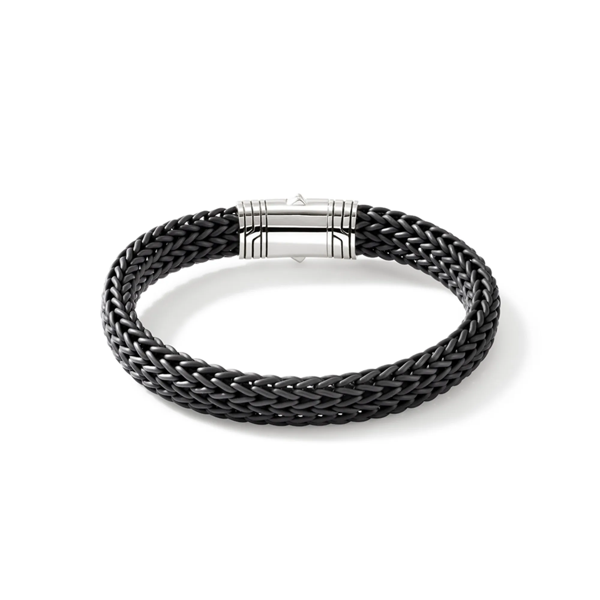 JOHN HARDY LARGE STERLING SILVER BRAIDED BLACK RUBBON ICON BRACELET