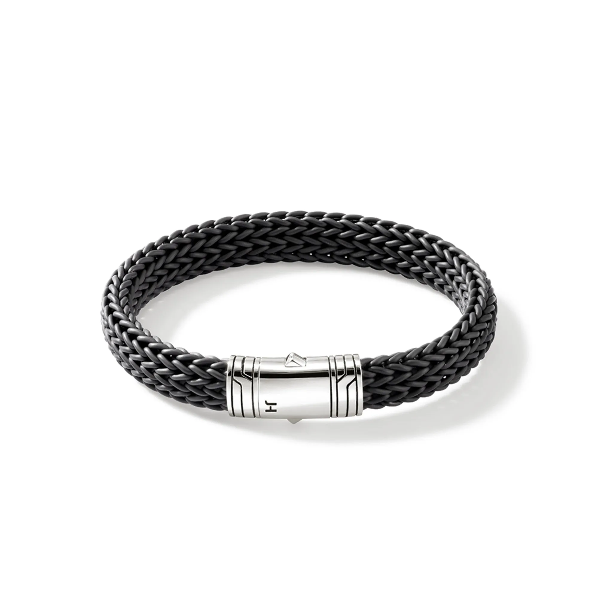 JOHN HARDY LARGE STERLING SILVER BRAIDED BLACK RUBBON ICON BRACELET