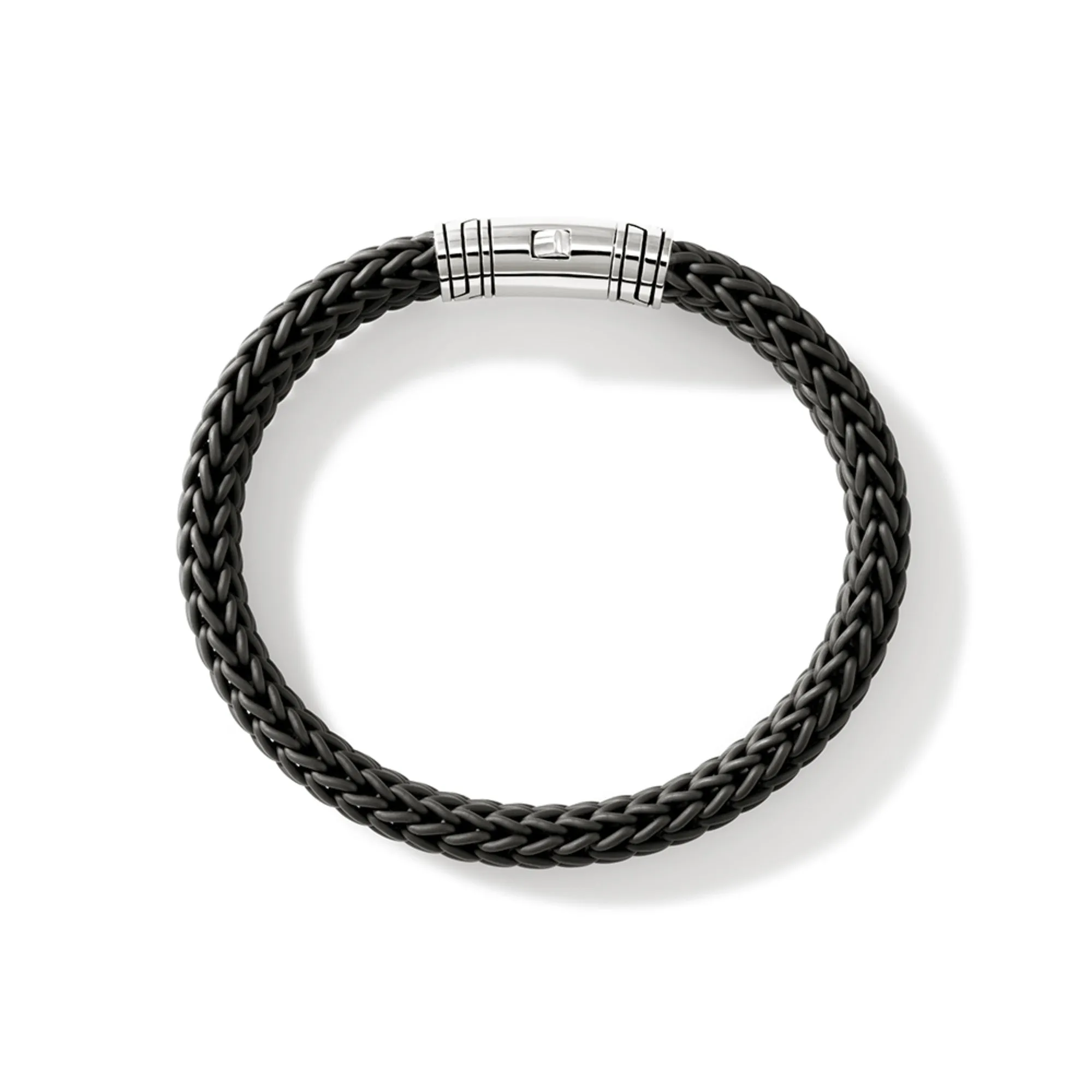 JOHN HARDY LARGE STERLING SILVER BRAIDED BLACK RUBBON ICON BRACELET