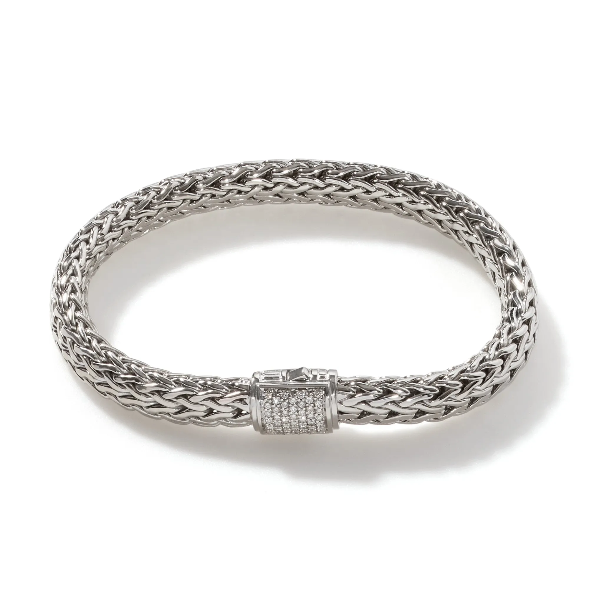 JOHN HARDY STERLING SILVER ICON BRACELET WITH PAVE DIAMOND BARREL CLASP