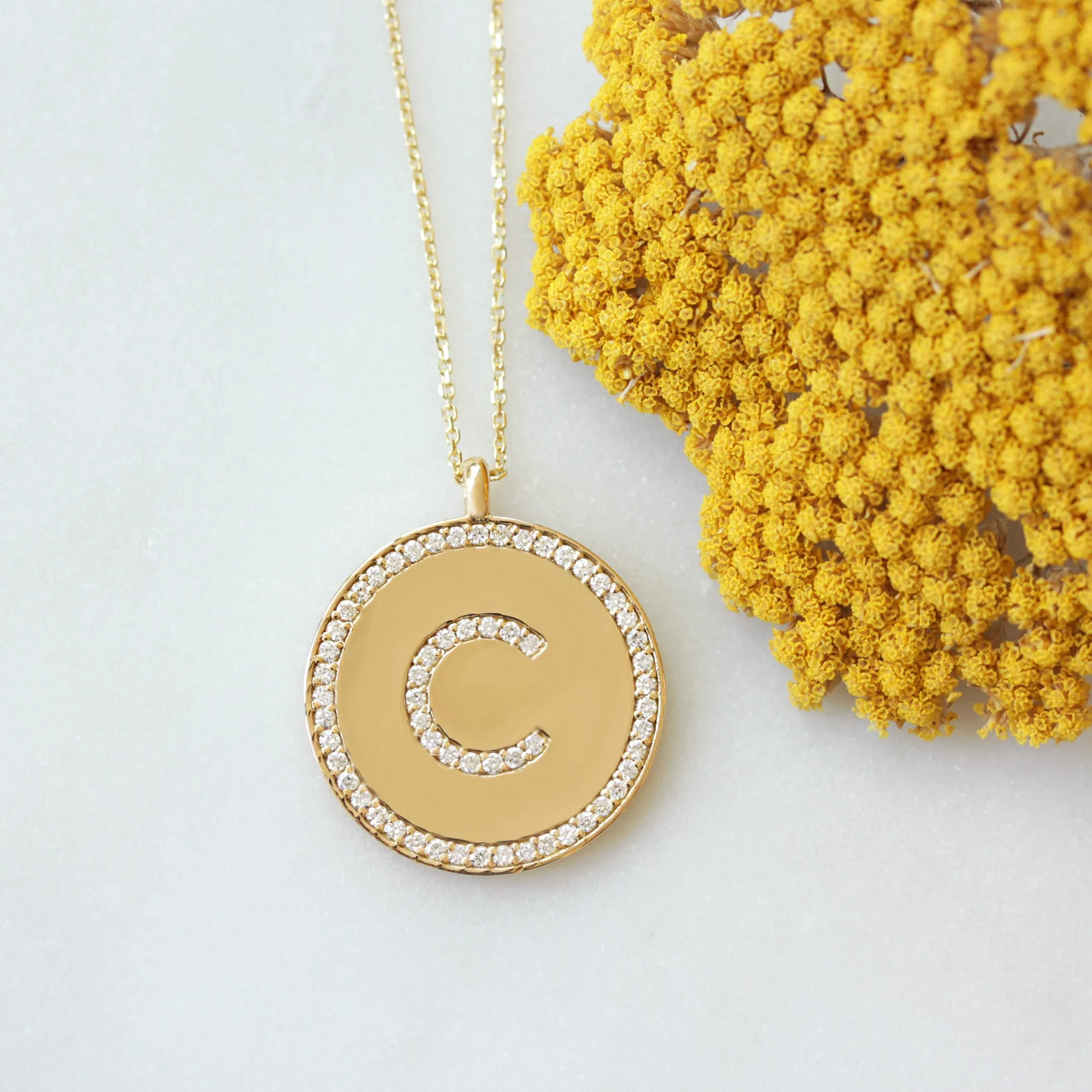 Large Coin Pave Diamond Initial Necklace