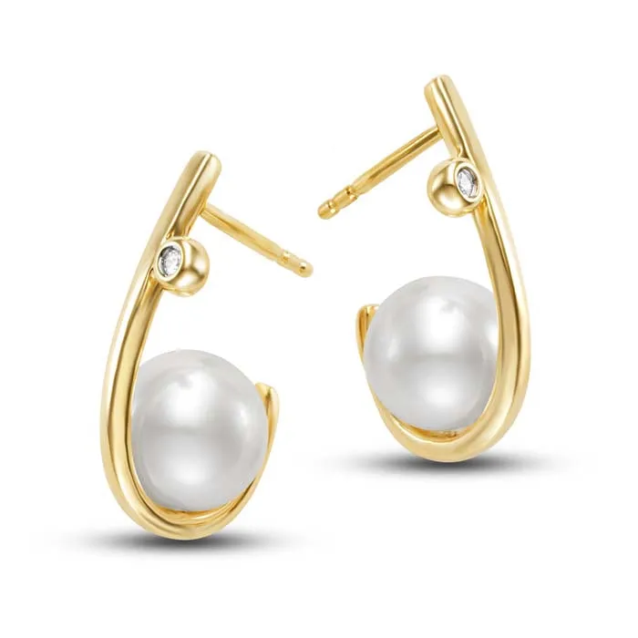 Mastoloni 8-8.5mm Freshwater Cultured Pearl J-Hoop Earring with Diamond Accent in 14K Yellow Gold