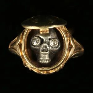 Memento Mori Skull Diamond Locket Ring 18Ct Gold Skull Crossbones