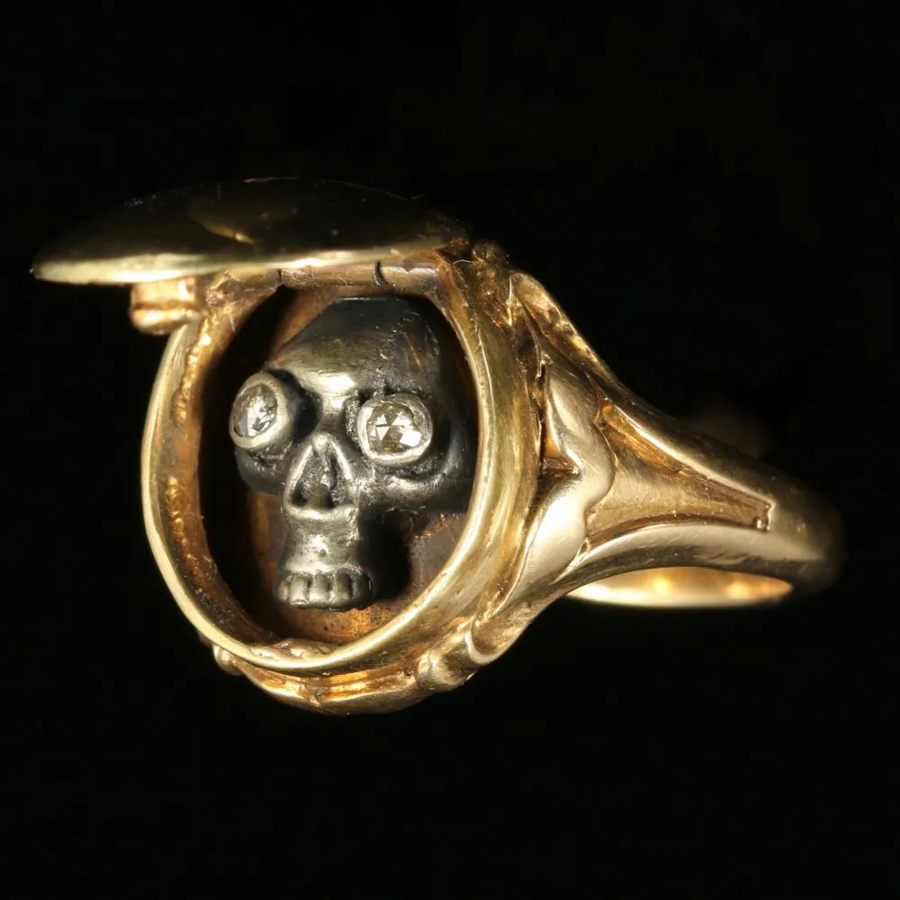 Memento Mori Skull Diamond Locket Ring 18Ct Gold Skull Crossbones