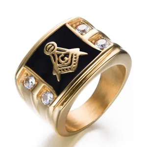 Men's Gold &amp Rhinestone Signet Masonic Ring