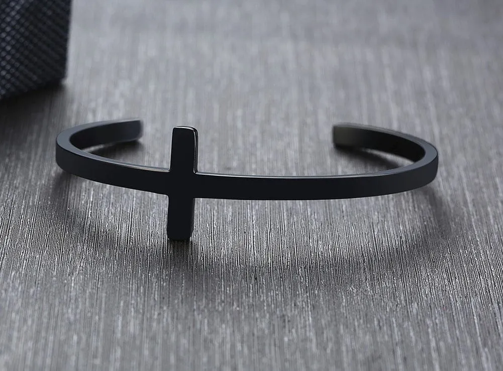 Mens Minimalist Stainless Steel Cuff Bracelet with Cross