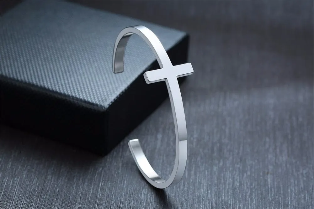 Mens Minimalist Stainless Steel Cuff Bracelet with Cross