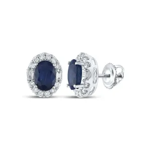 Natural Blue Sapphire & Round Diamond Womens Earrings Stud 14k White Gold