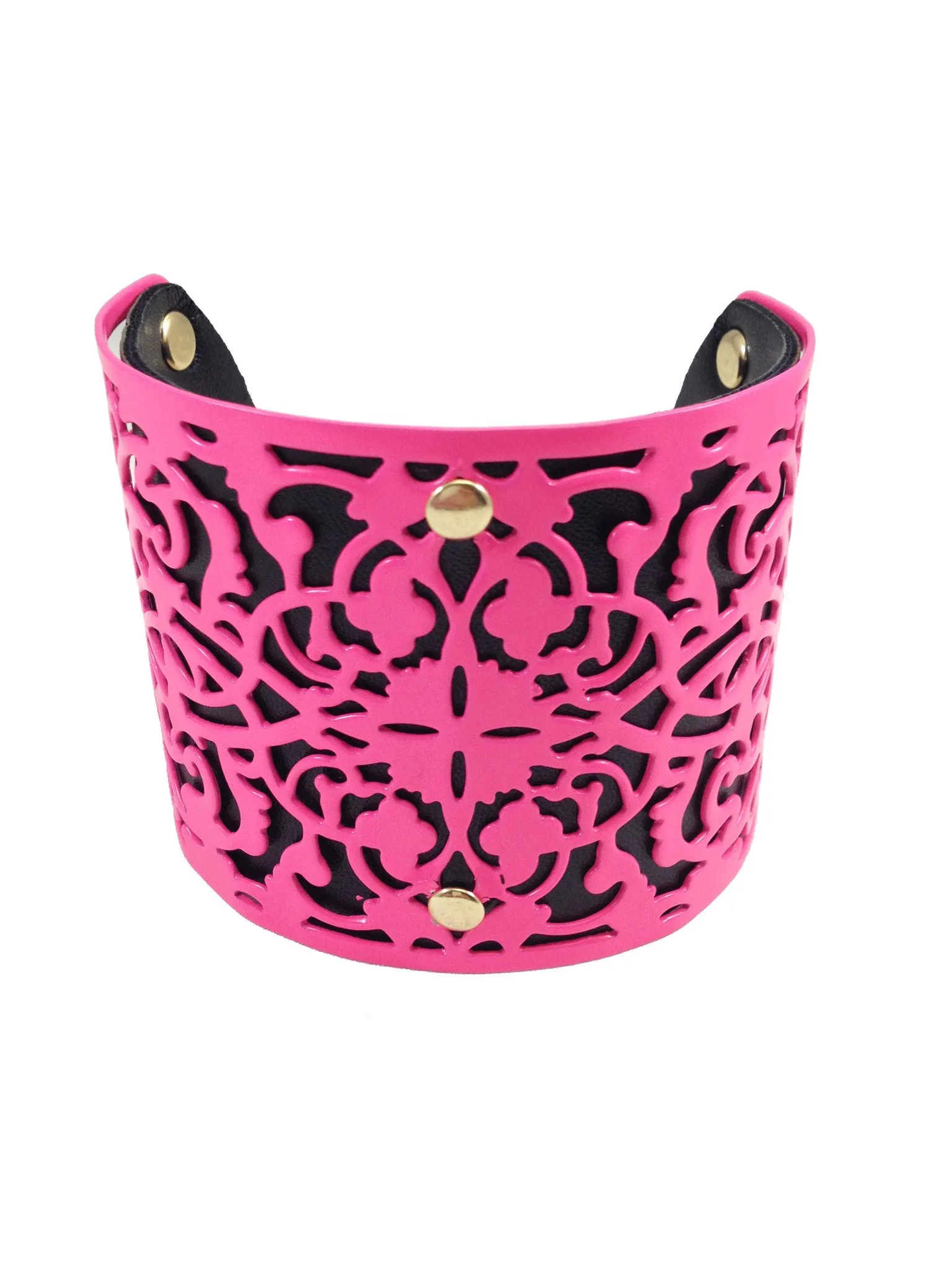 Neon Pink Metal & Leather Cuff Bracelet