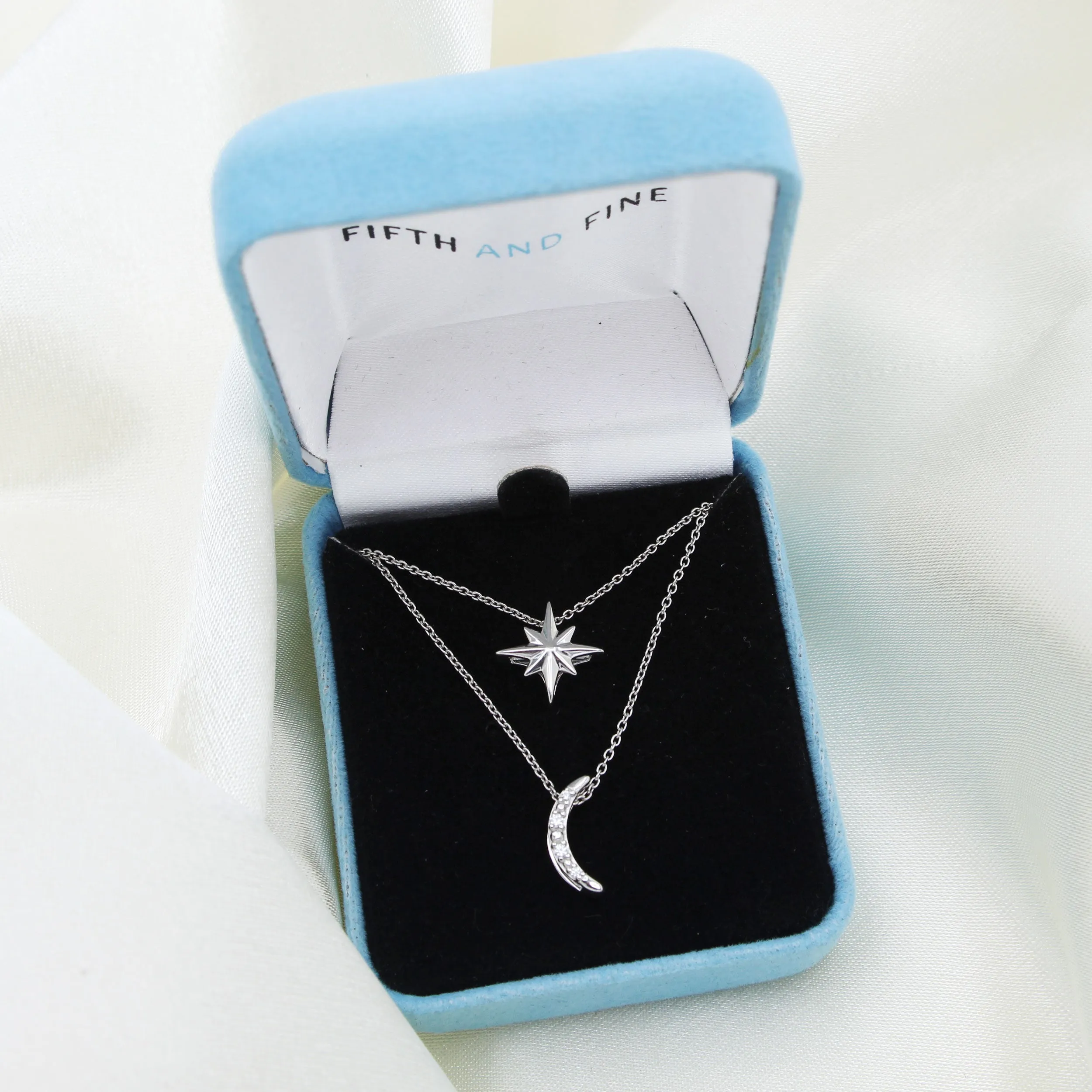 North Star and Moon Layered 1/10 Cttw Natural Diamond Pendant Necklace set in 925 Sterling Silver…