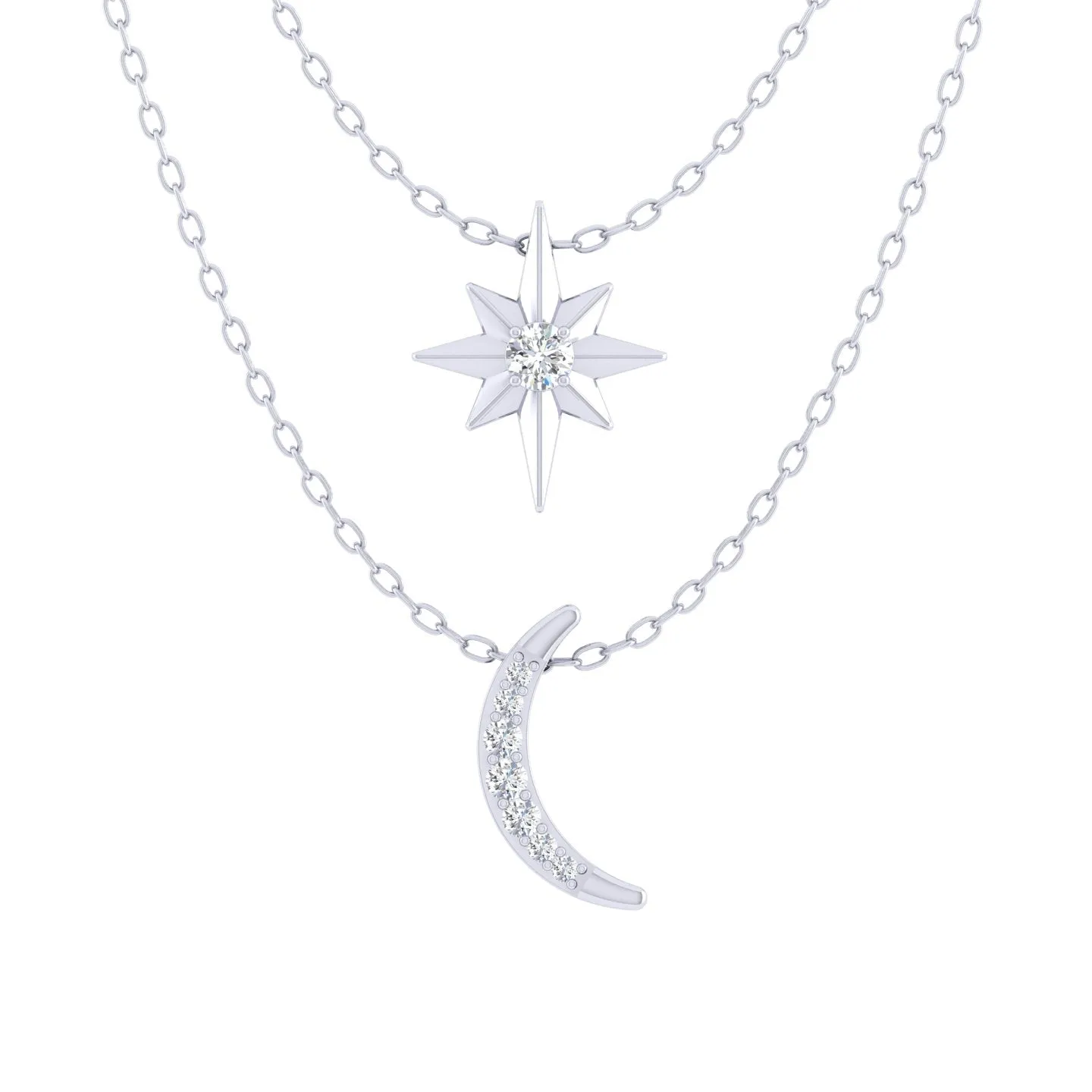 North Star and Moon Layered 1/10 Cttw Natural Diamond Pendant Necklace set in 925 Sterling Silver…