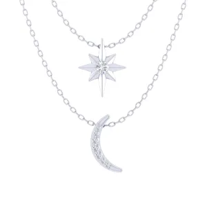 North Star and Moon Layered 1/10 Cttw Natural Diamond Pendant Necklace set in 925 Sterling Silver…