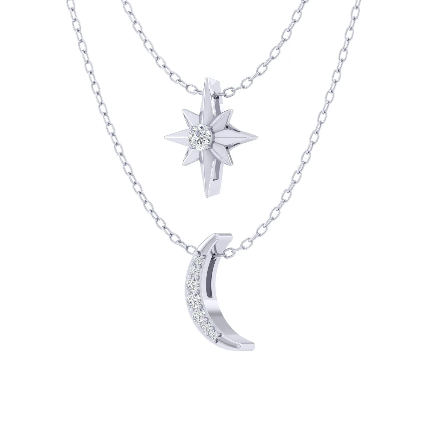 North Star and Moon Layered 1/10 Cttw Natural Diamond Pendant Necklace set in 925 Sterling Silver…