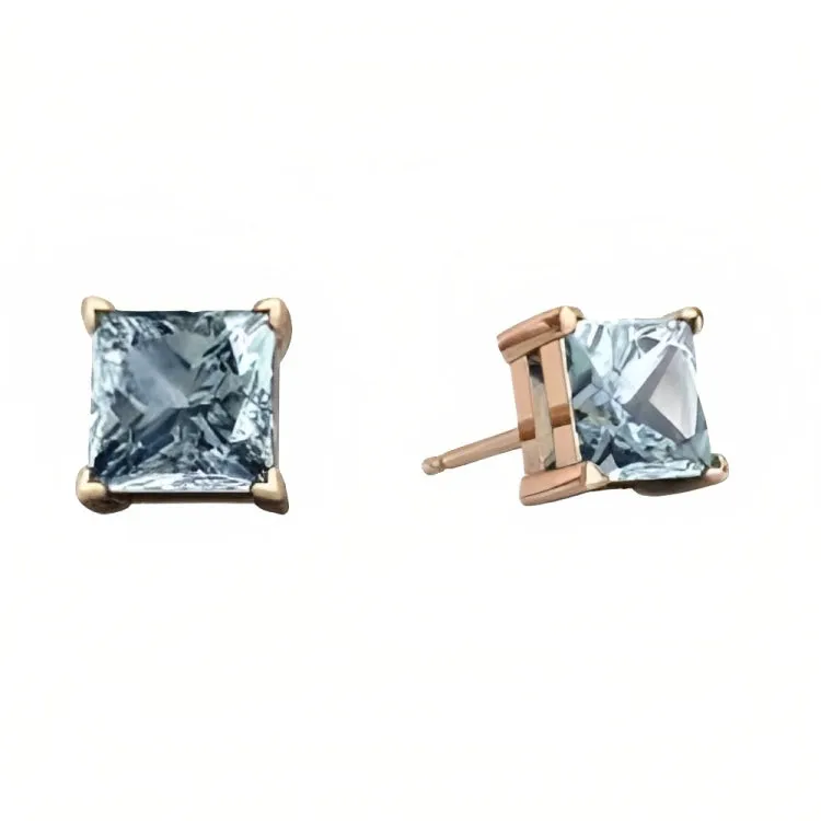 Paris Jewelry 18k Rose Gold 2 Pair Created Aquamarine 4mm Round & Princess Cut Stud Earrings Plated