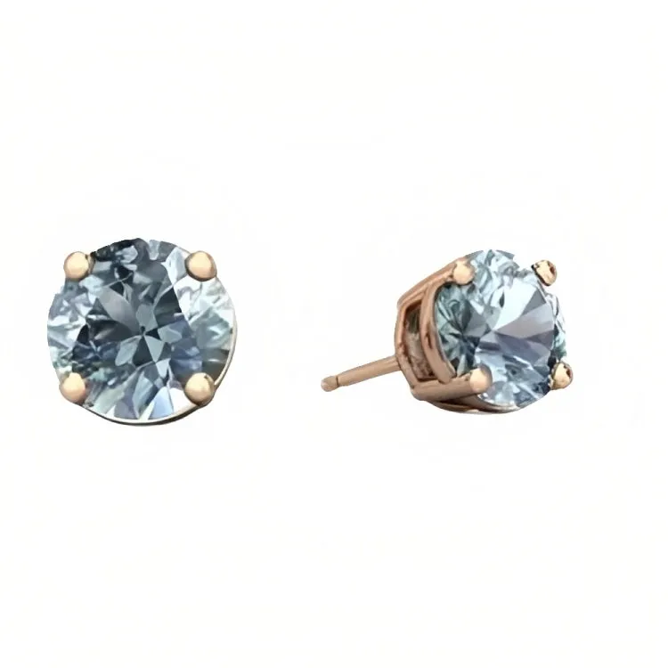 Paris Jewelry 18k Rose Gold 2 Pair Created Aquamarine 4mm Round & Princess Cut Stud Earrings Plated