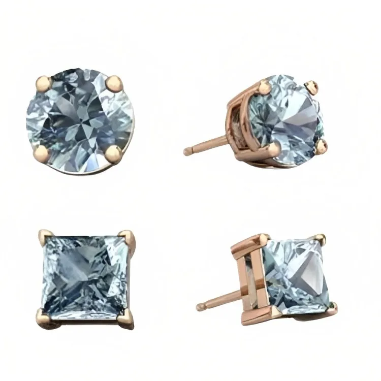 Paris Jewelry 18k Rose Gold 2 Pair Created Aquamarine 4mm Round & Princess Cut Stud Earrings Plated