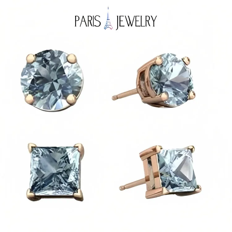 Paris Jewelry 18k Rose Gold 2 Pair Created Aquamarine 4mm Round & Princess Cut Stud Earrings Plated