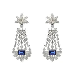 Platinum Diamond and Emerald-cut Sapphire Drop Earrings