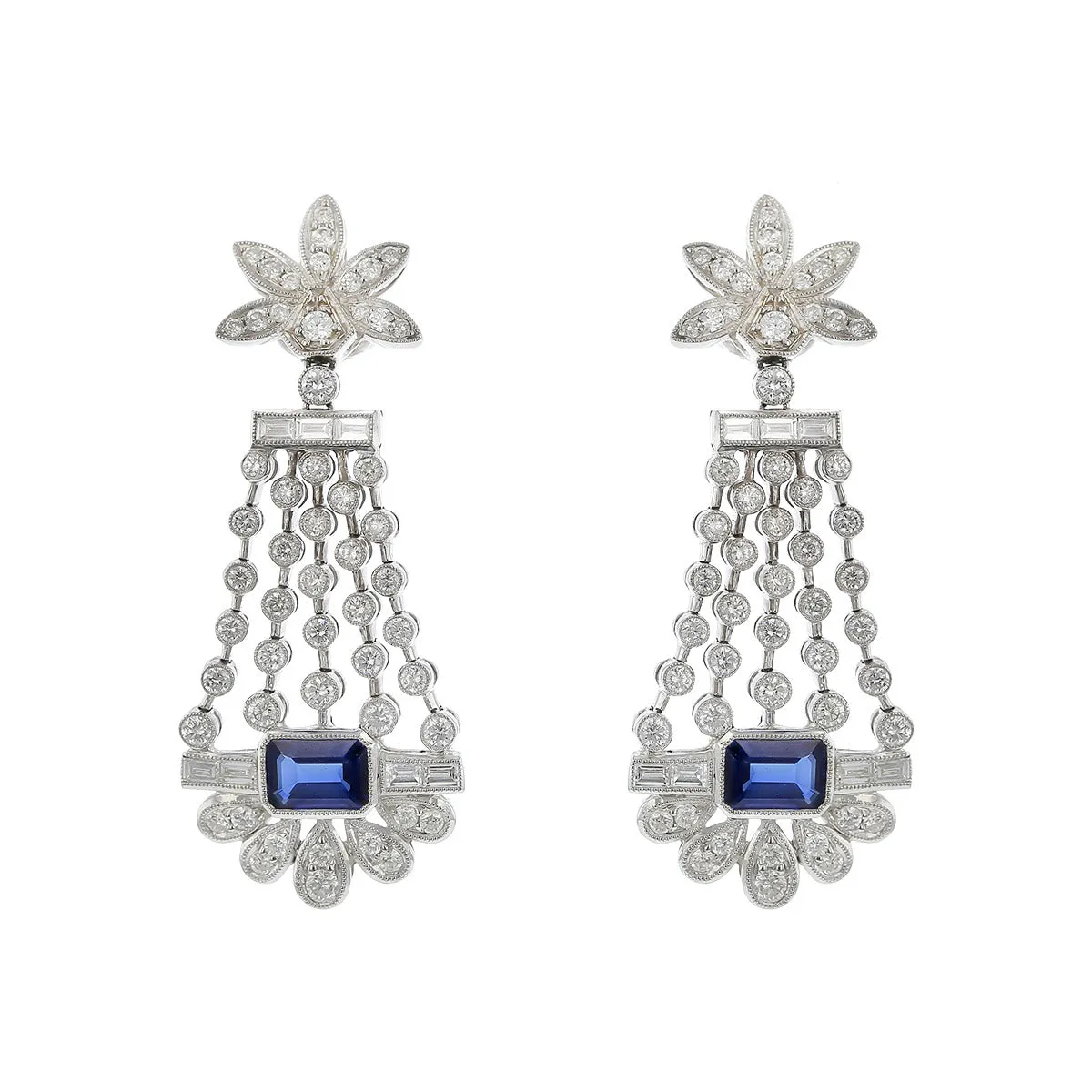 Platinum Diamond and Emerald-cut Sapphire Drop Earrings