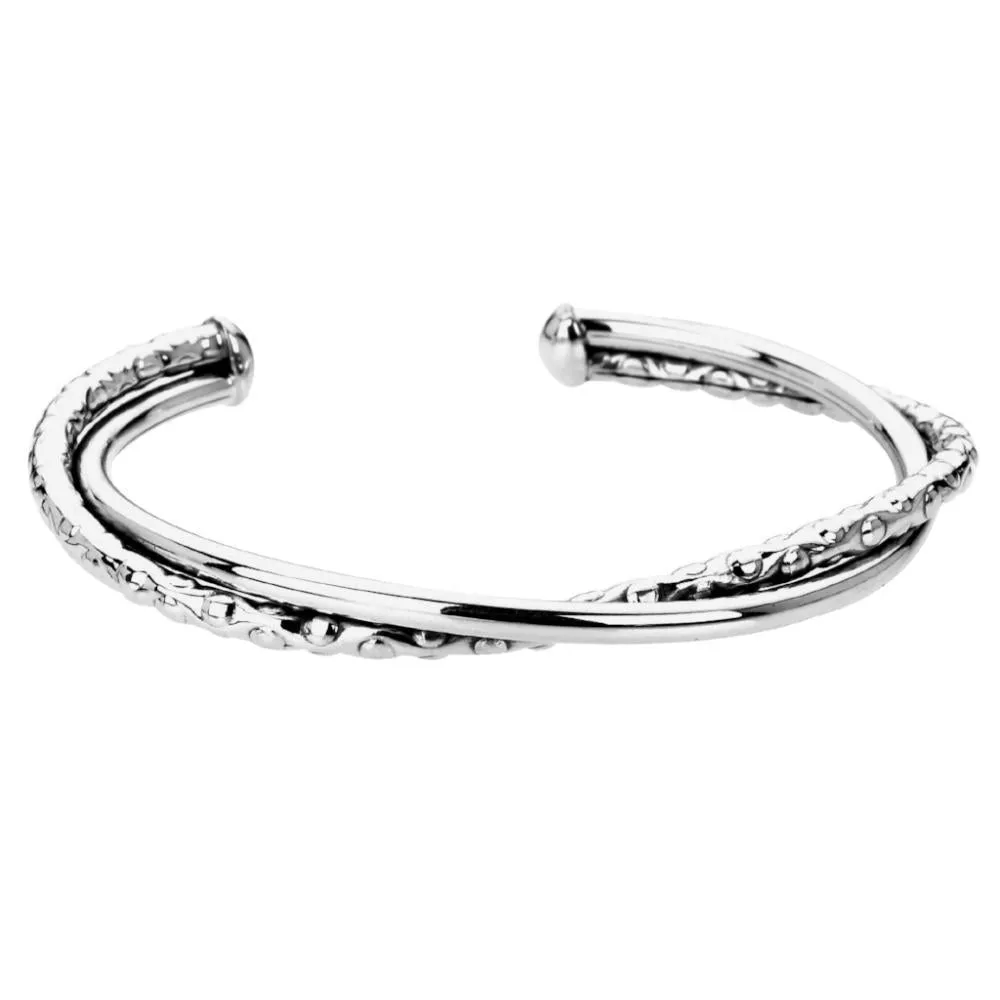 Silver double plain and textured 3/4 bangle