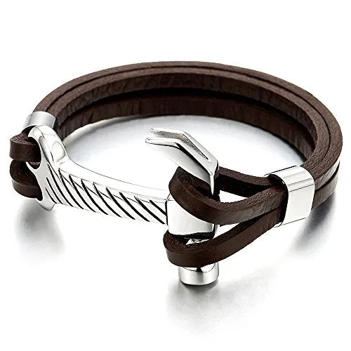 Stainless Steel Mens Hammer Bangle Bracelet Genuine Brown Leather Wristband