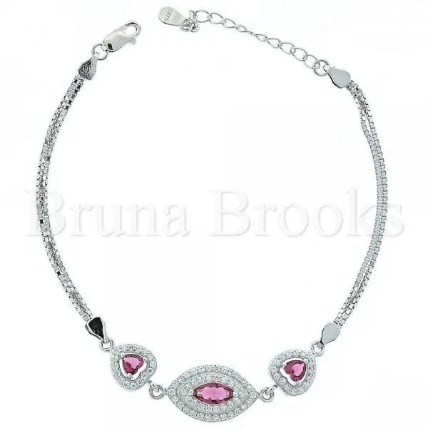 Sterling Silver 03.183.0008 Fancy Bracelet, with White Micro Pave and Rhodolite Cubic Zirconia, Rhodium Tone