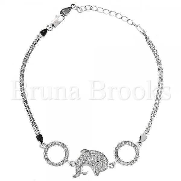 Sterling Silver 03.183.0032 Fancy Bracelet, Dolphin Design, with White Cubic Zirconia, Polished Finish, Rhodium Tone