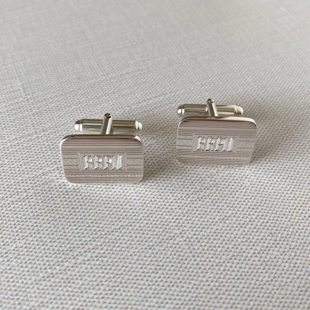 Sterling Silver Engine Turned Rectangle Cushion Cufflinks