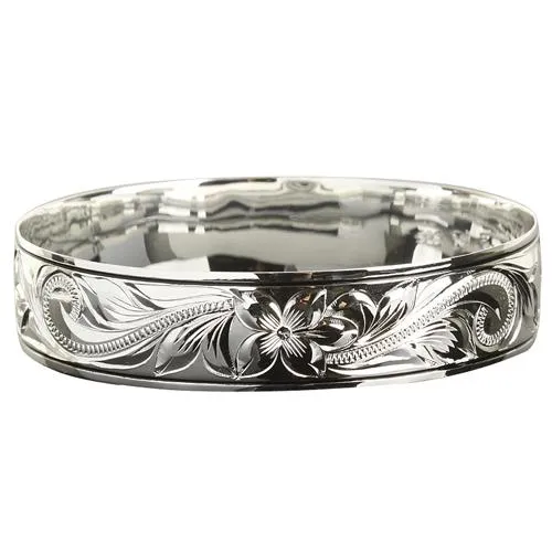 Sterling Silver Scroll Plumeria Engraving Hawaiian Heirloom Bangle Black Border