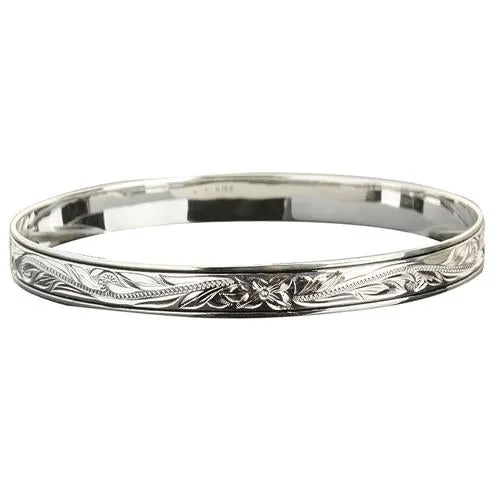 Sterling Silver Scroll Plumeria Engraving Hawaiian Heirloom Bangle Black Border