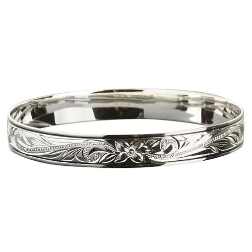 Sterling Silver Scroll Plumeria Engraving Hawaiian Heirloom Bangle Black Border