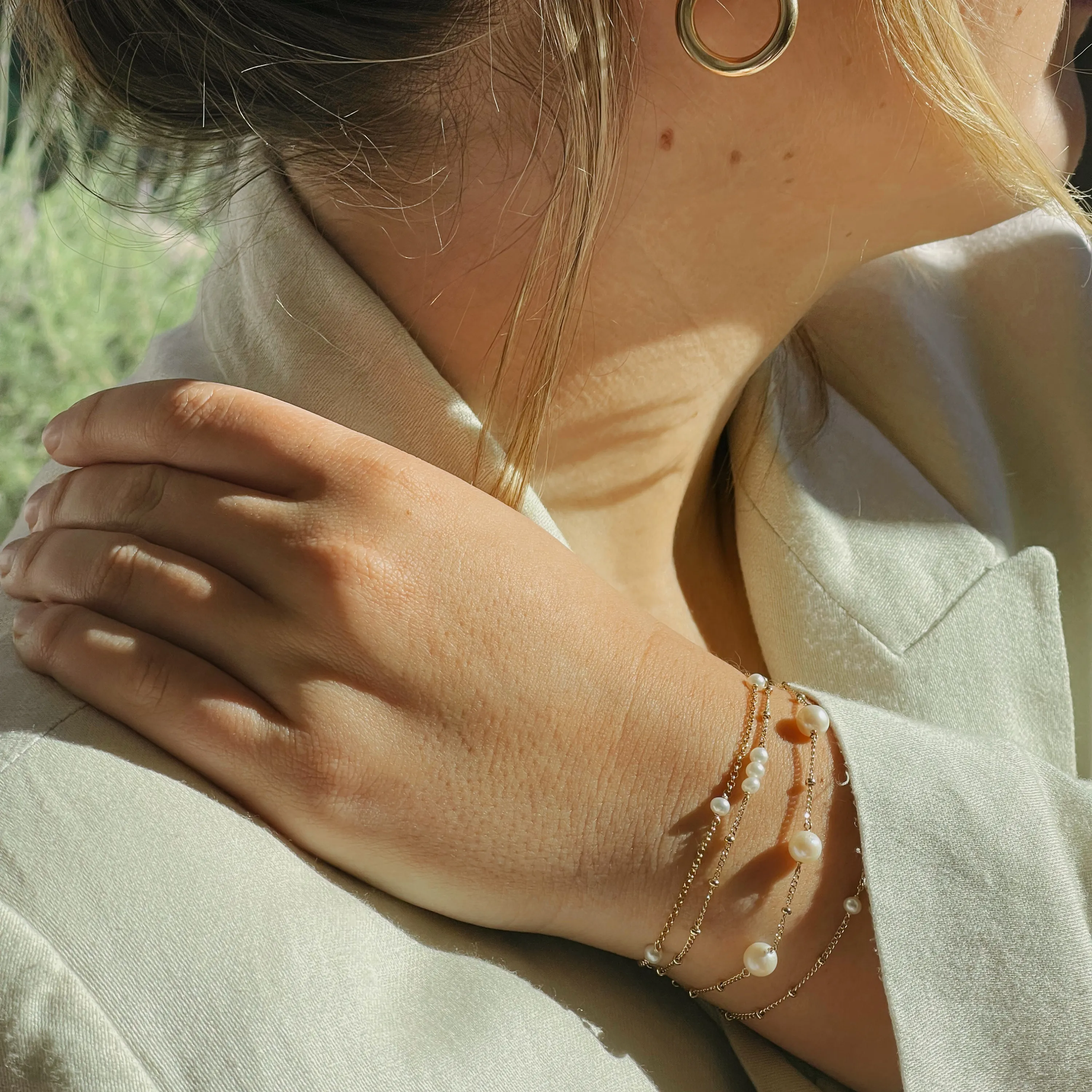 Three Pearl Bracelet with Beaded Chain