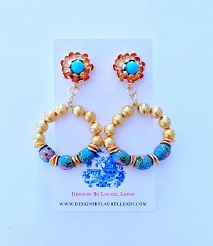 Turquoise and Gold Cloisonne Beaded Floral Post Hoops