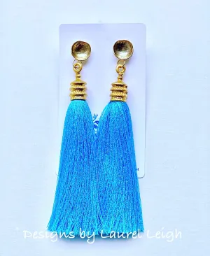 Turquoise and Gold Pagoda Tassel Statement Earrings - Posts