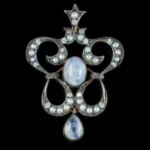 Victorian Style Moonstone Pendant Pearl Diamond 18Ct Gold On Silver