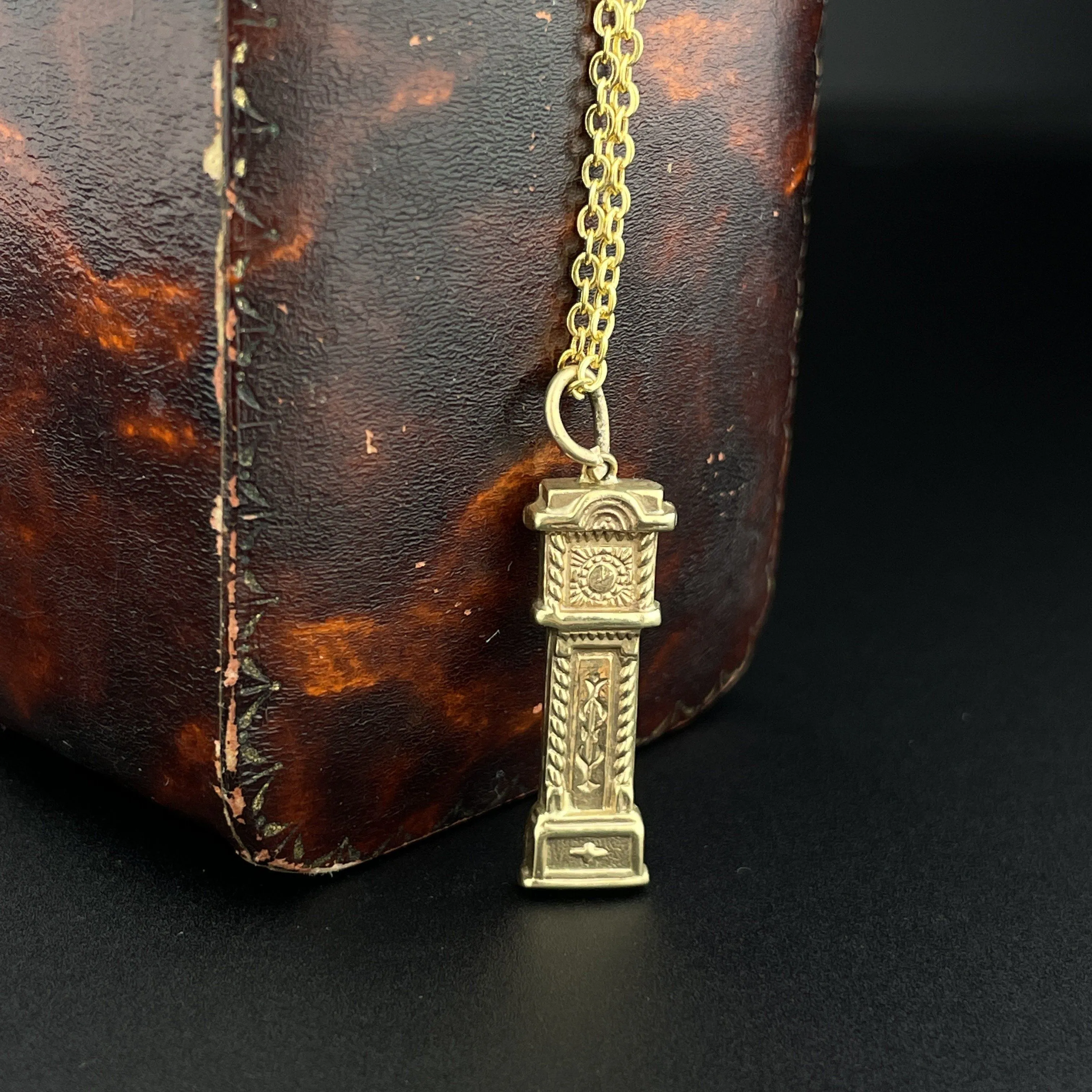 Vintage Gold Grandfather Clock Pendant Necklace