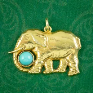 Vintage Turquoise Elephant Charm Pendant 14ct Gold