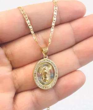 Virgen de guadalupe Necklace CZ Stones Gold Filled 20" 24x18mm